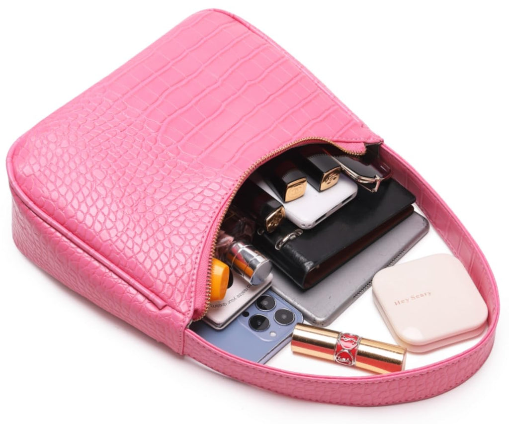 Shoulder Bags for Women, Cute Hobo Tote Handbag Mini Clutch Purse with Zipper Closure (Crocodile Pink)