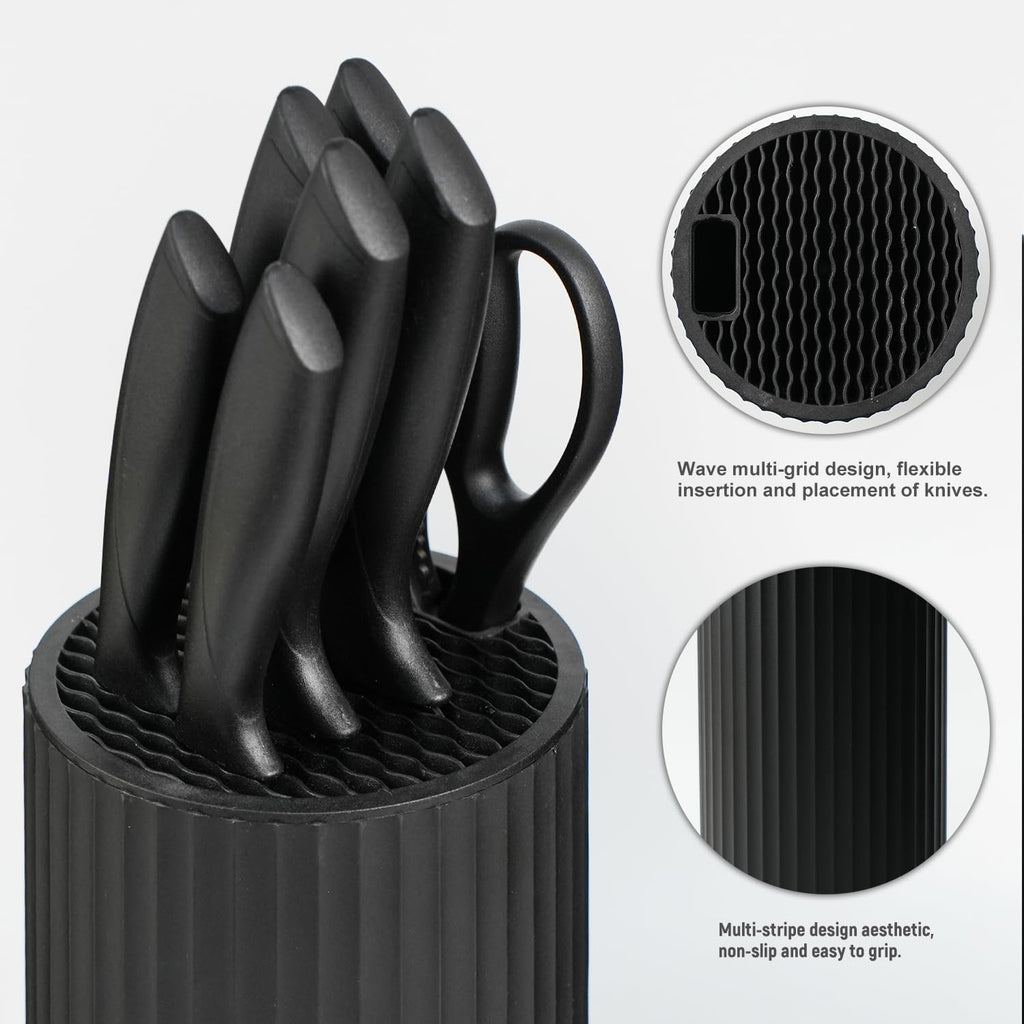 NULAS Knife Set, 8-Piece Kitchen Knife Set with Universal Block - Anti-Rust Chef Knives, Ergonomic Design, Dishwasher Safe (Black)