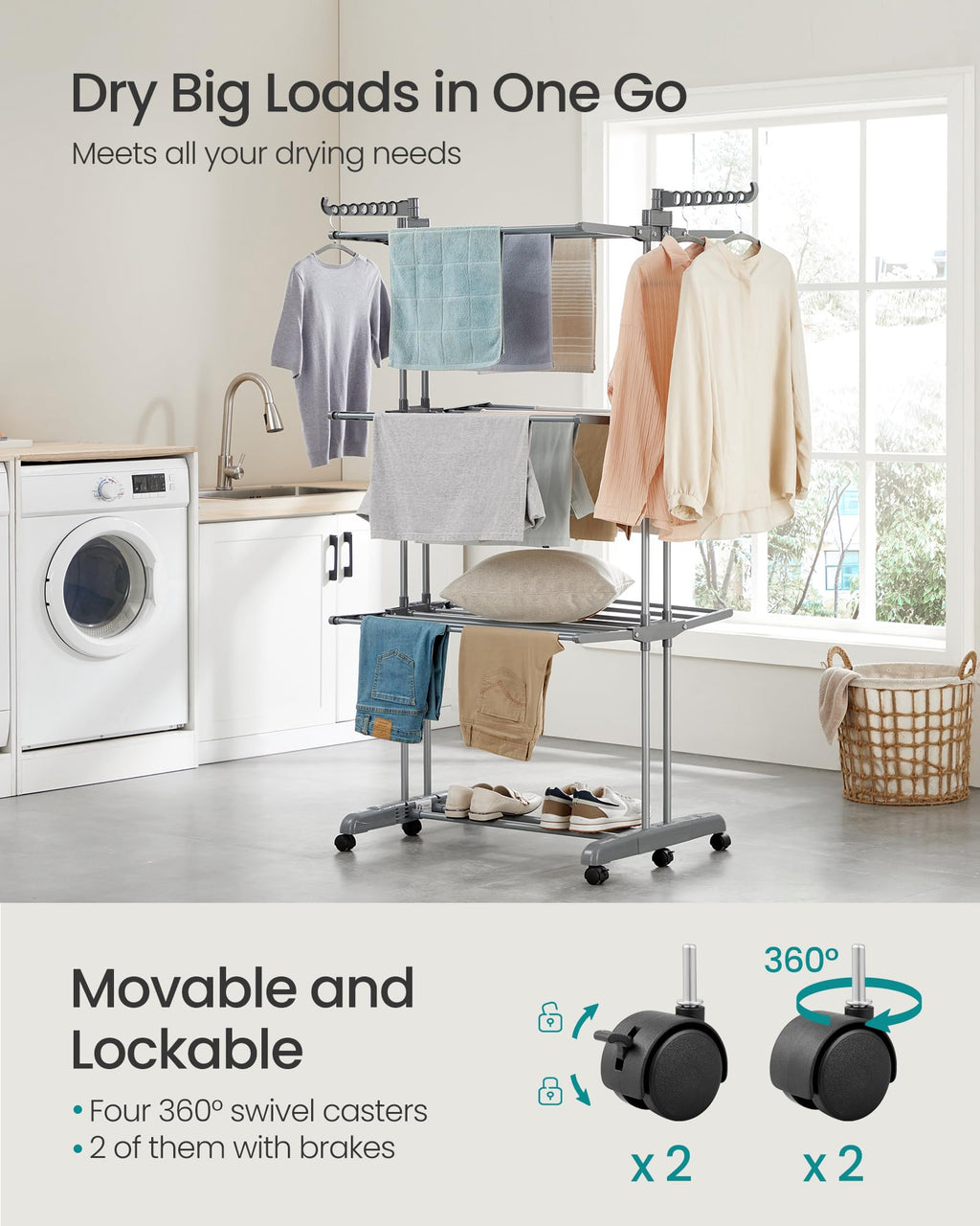 Clothes Drying Rack 4-Tier, Foldable Laundry Drying Rack 68.1-Inch Tall, Stainless Steel, Rolling Clothes Horses, Clothes Airer, Indoor Outdoor Use, Dove Gray ULLR703G01