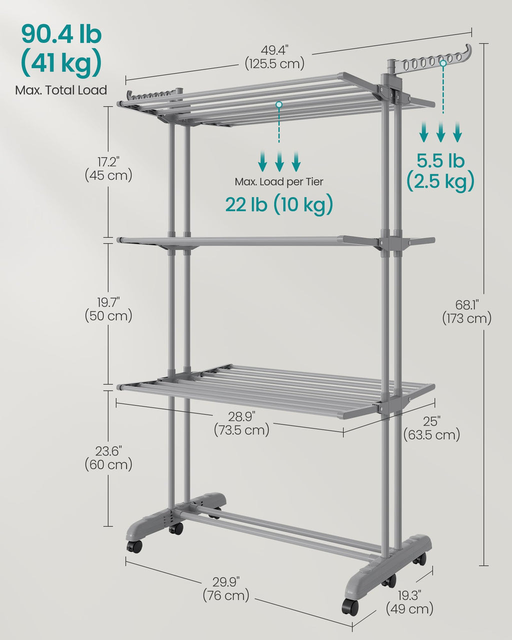 Clothes Drying Rack 4-Tier, Foldable Laundry Drying Rack 68.1-Inch Tall, Stainless Steel, Rolling Clothes Horses, Clothes Airer, Indoor Outdoor Use, Dove Gray ULLR703G01