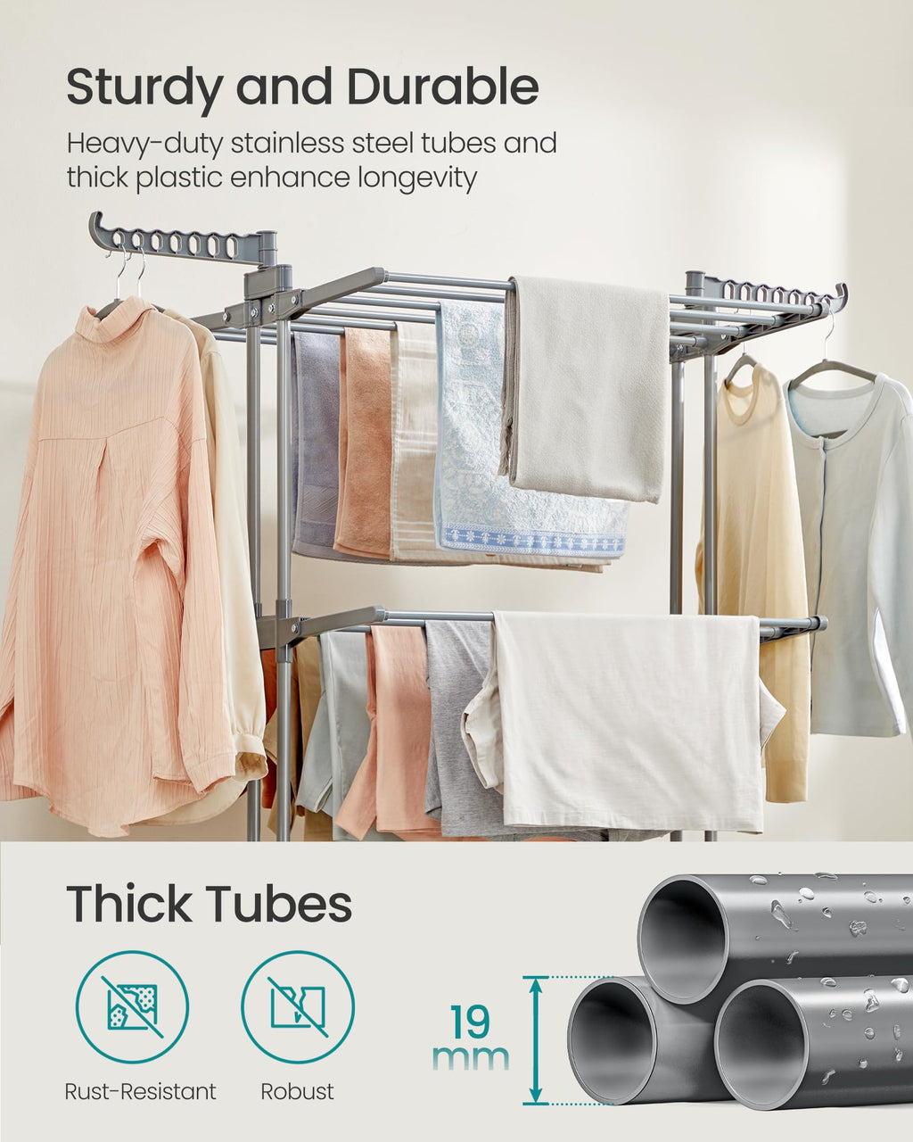 Clothes Drying Rack 4-Tier, Foldable Laundry Drying Rack 68.1-Inch Tall, Stainless Steel, Rolling Clothes Horses, Clothes Airer, Indoor Outdoor Use, Dove Gray ULLR703G01