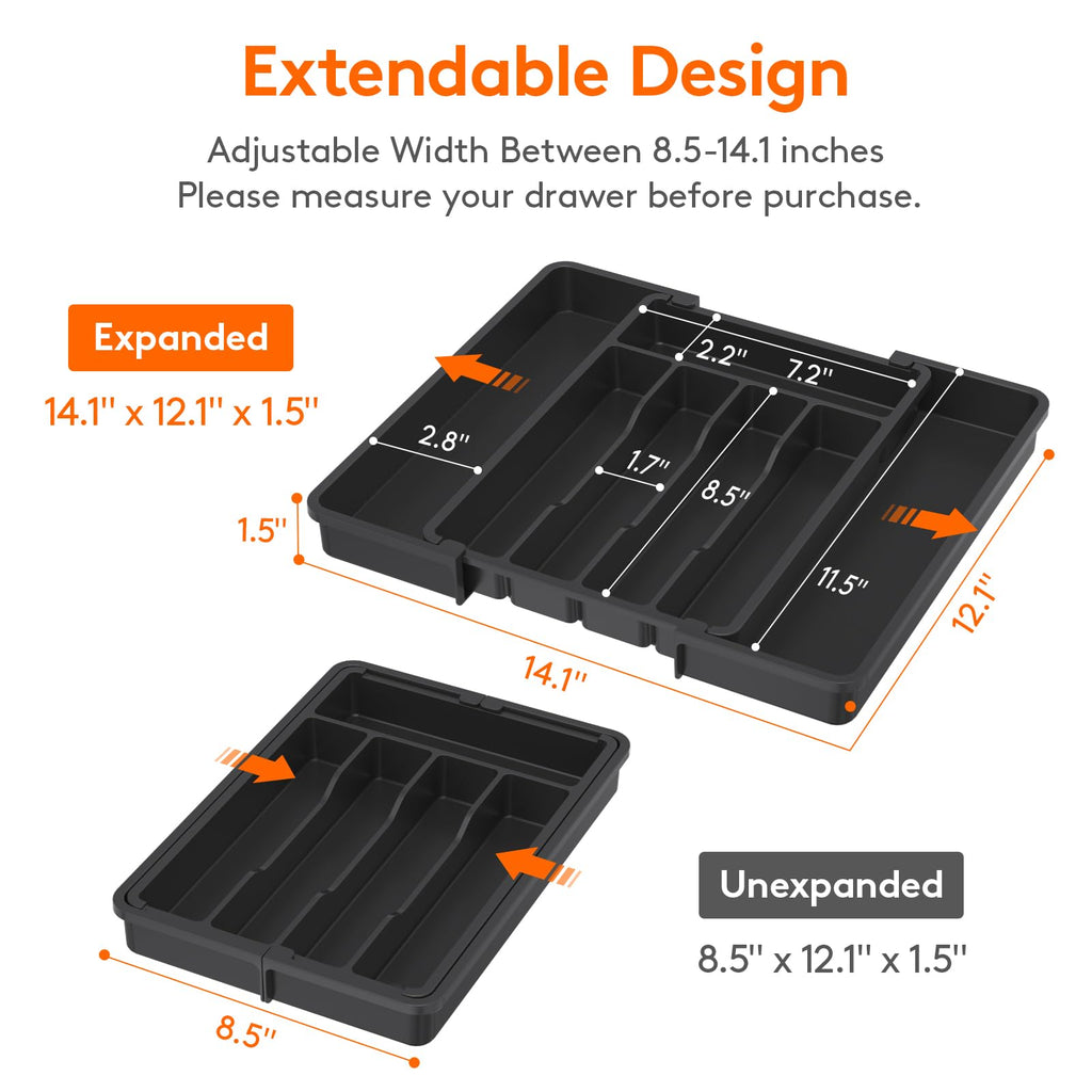 Lifewit Silverware Drawer Organizer, Expandable Utensil Tray for Kitchen, BPA Free Flatware and Cutlery Holder, Adjustable Plastic Storage for Spoons Forks Knives, 8.5-14 x 12", Black