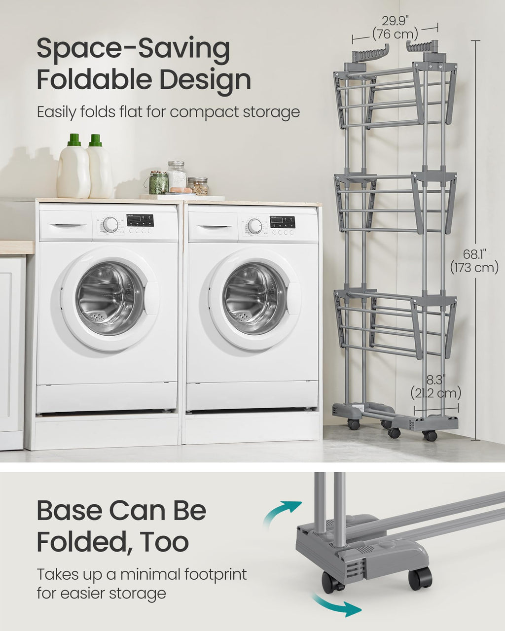 Clothes Drying Rack 4-Tier, Foldable Laundry Drying Rack 68.1-Inch Tall, Stainless Steel, Rolling Clothes Horses, Clothes Airer, Indoor Outdoor Use, Dove Gray ULLR703G01