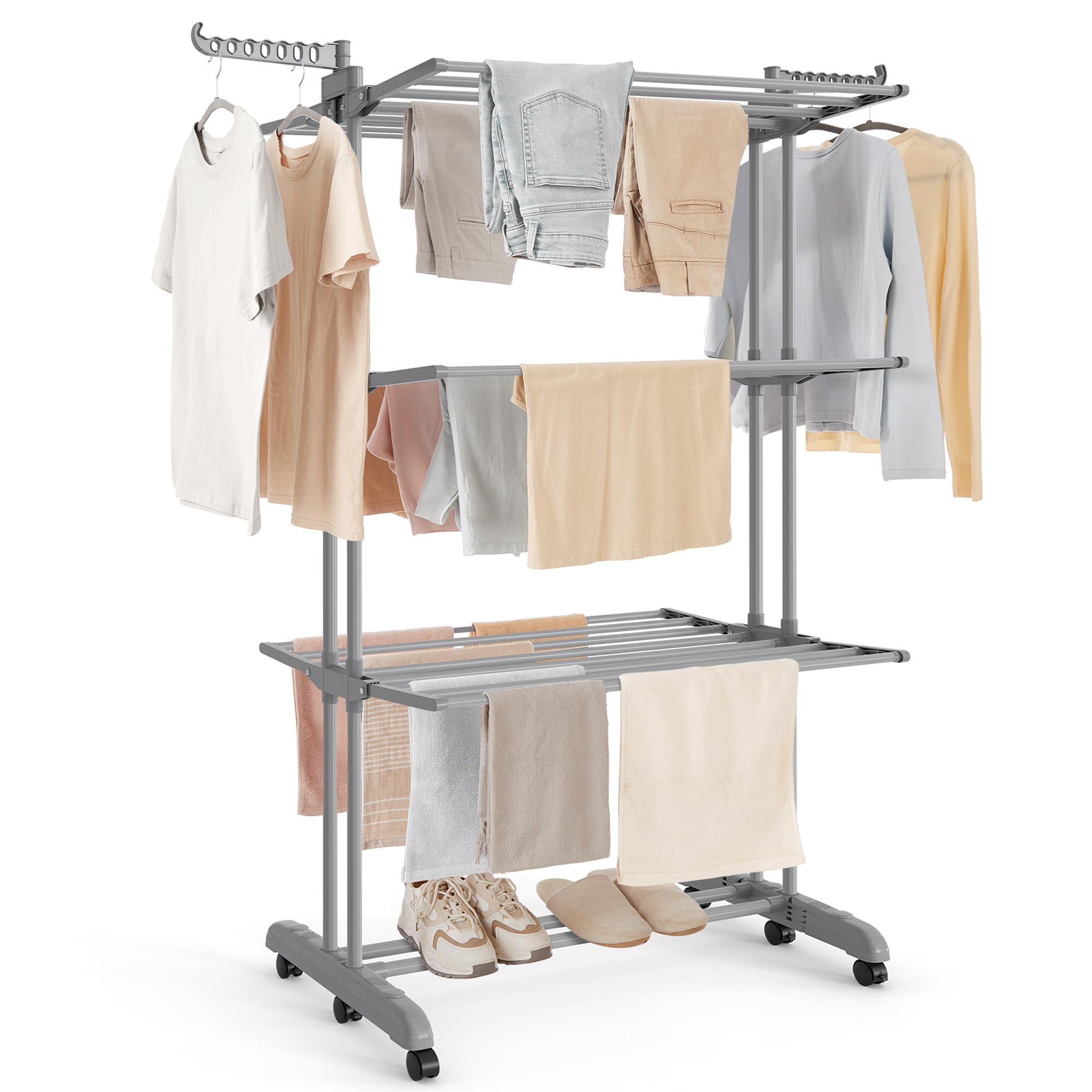 Clothes Drying Rack 4-Tier, Foldable Laundry Drying Rack 68.1-Inch Tall, Stainless Steel, Rolling Clothes Horses, Clothes Airer, Indoor Outdoor Use, Dove Gray ULLR703G01