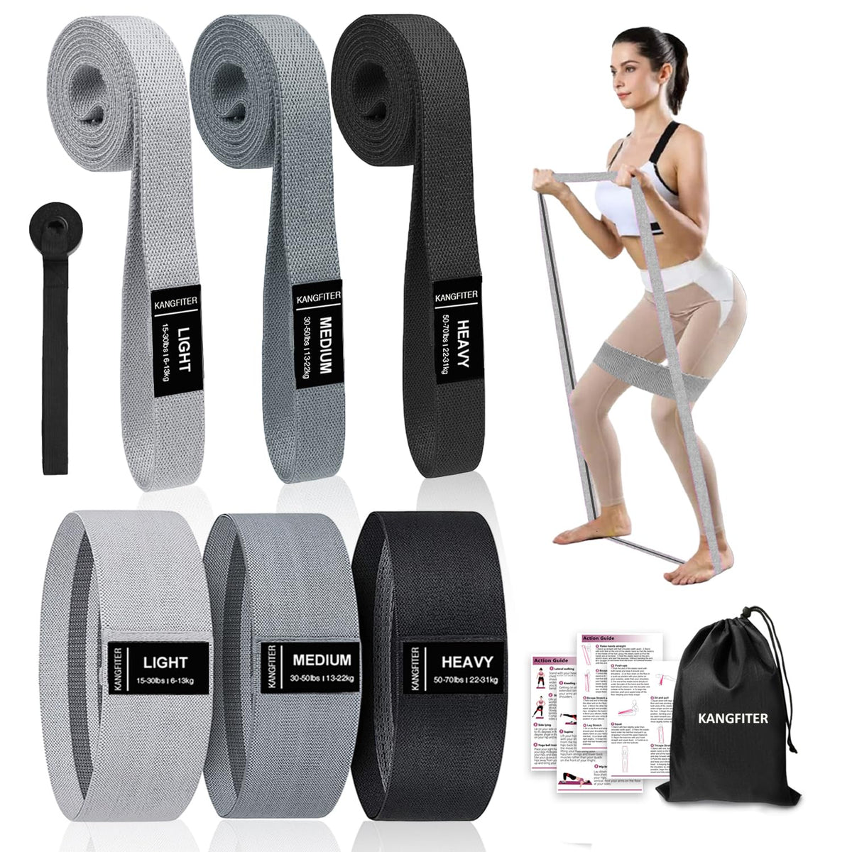 KANGFITER Long and Short Fabric Resistance Bands with Door Anchor 7 PCS, Non-Slip Stretch Booty Bands for Working Out Women & Men, Loop Exercise Elastic Bands for Home Physical Therapy Yoga Pilates