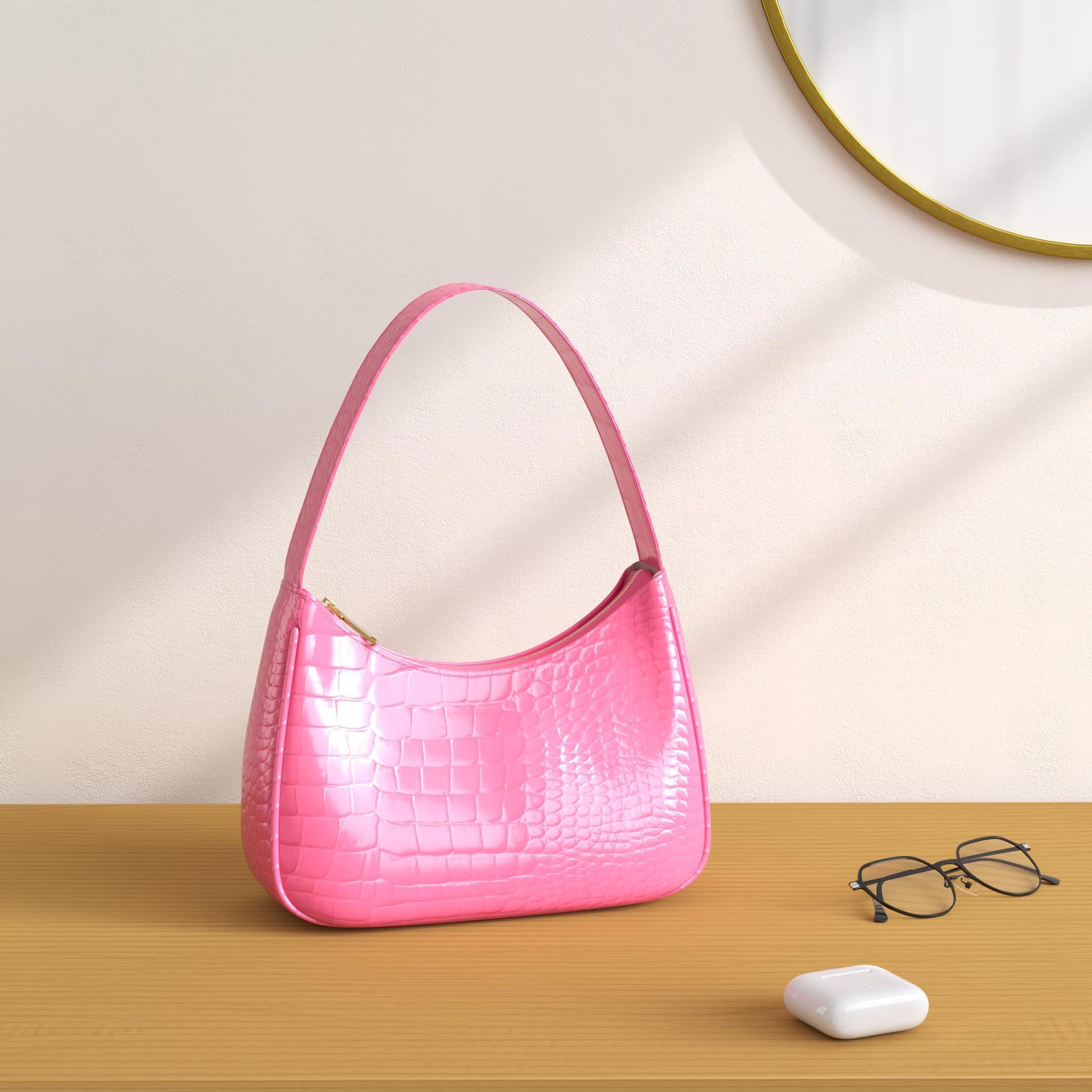Shoulder Bags for Women, Cute Hobo Tote Handbag Mini Clutch Purse with Zipper Closure (Crocodile Pink)