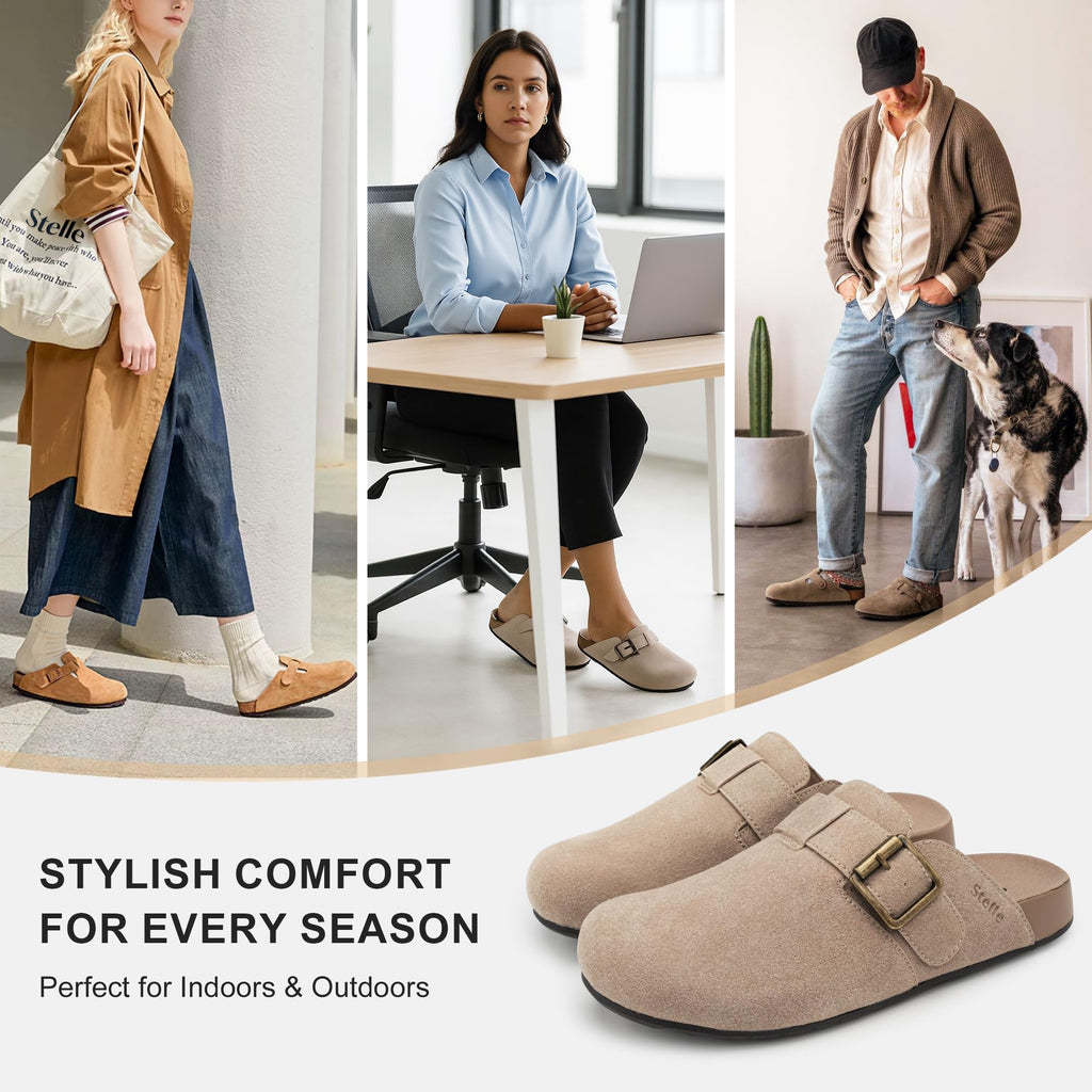 Stelle Suede Clogs for Women Men Potato Shoes with Arch Support Leather Cork Footbed Mules Slip on Home Slippers