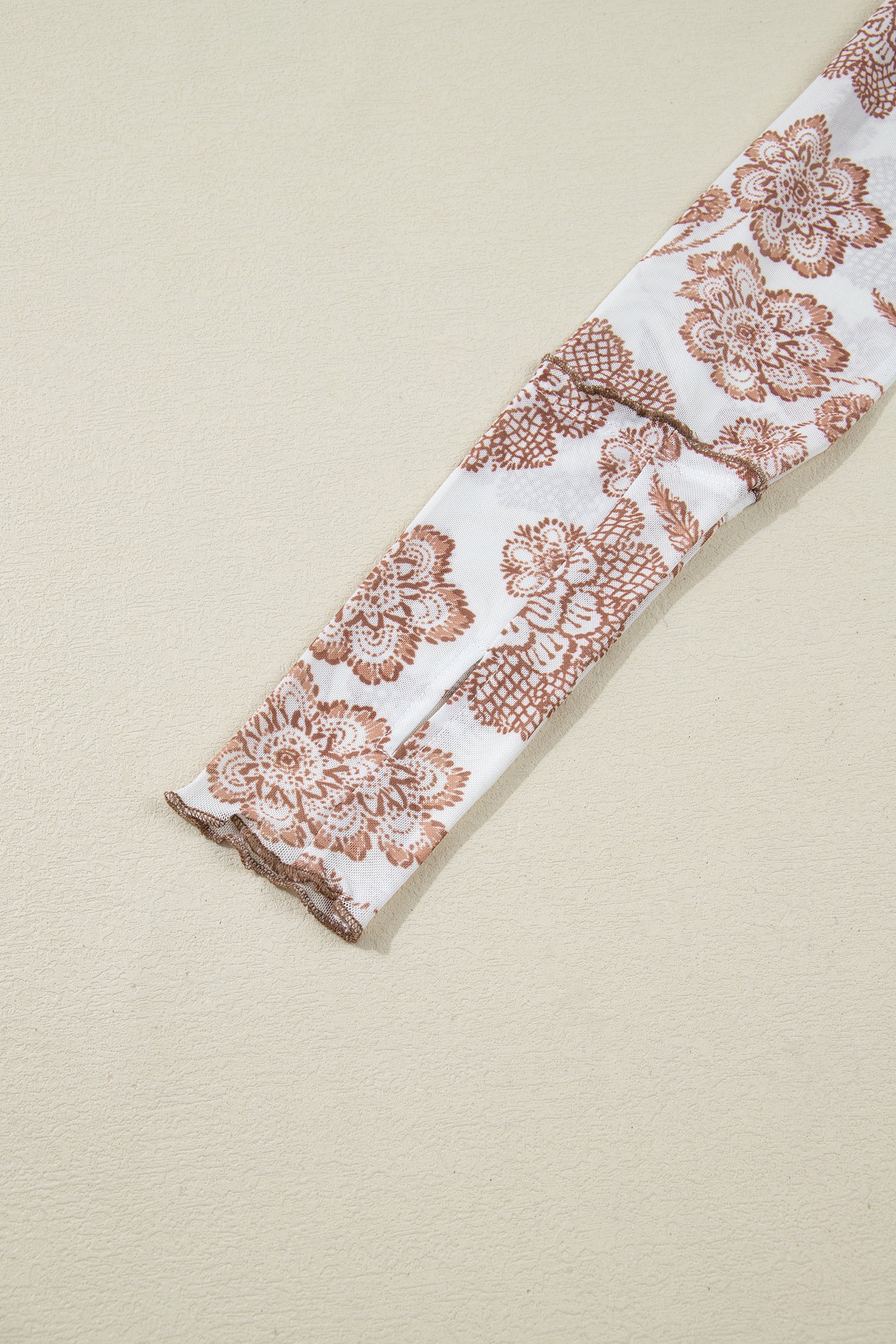 Brown Thumbhole Long Sleeve Floral Print Mesh Top