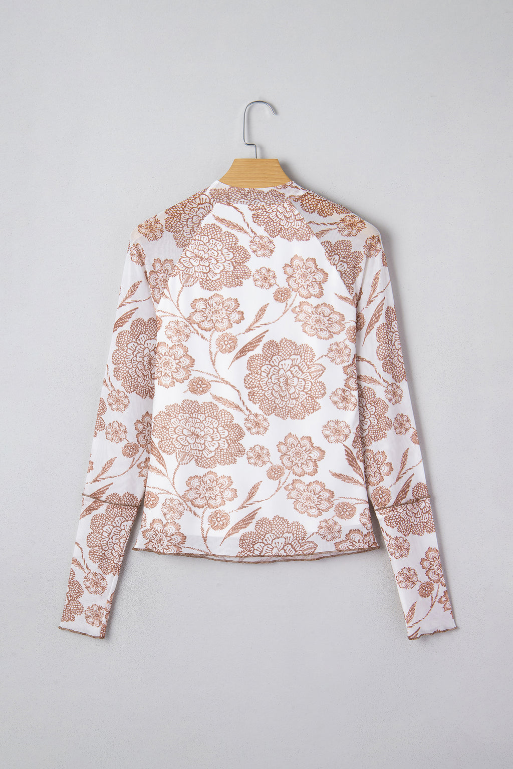 Brown Thumbhole Long Sleeve Floral Print Mesh Top