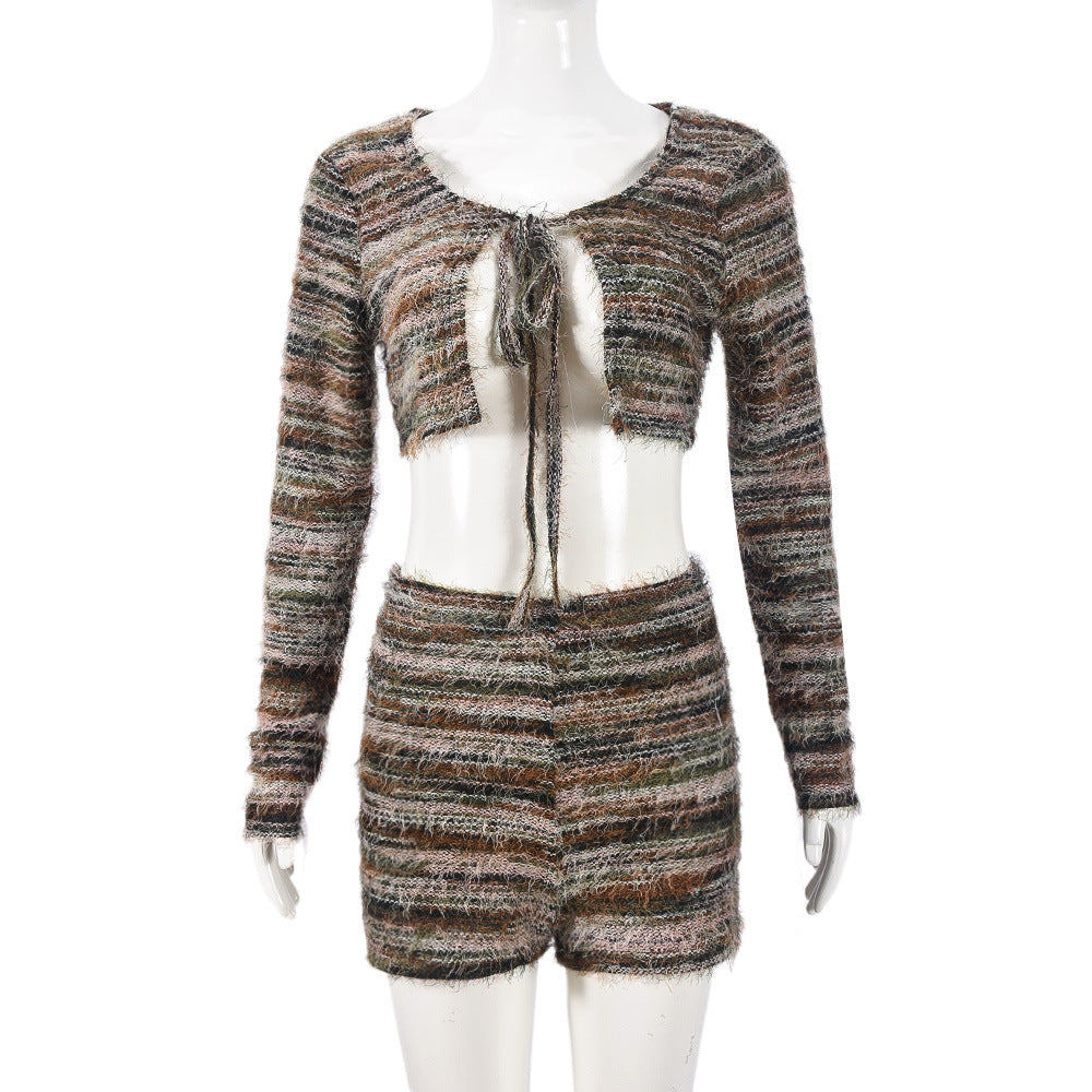 Open navel hollow strap short sleeved two-piece set