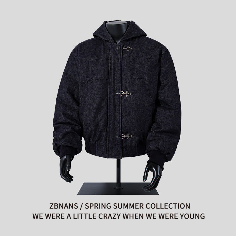 Loose Casual Warm Hooded Raw Denim Coat (Unisex)