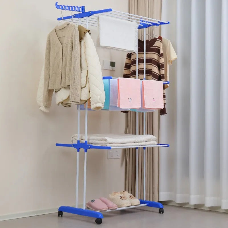 Foldable Plastic Clothes Drying Rack Laundry 4-Tier, Moveable Clothes Horse