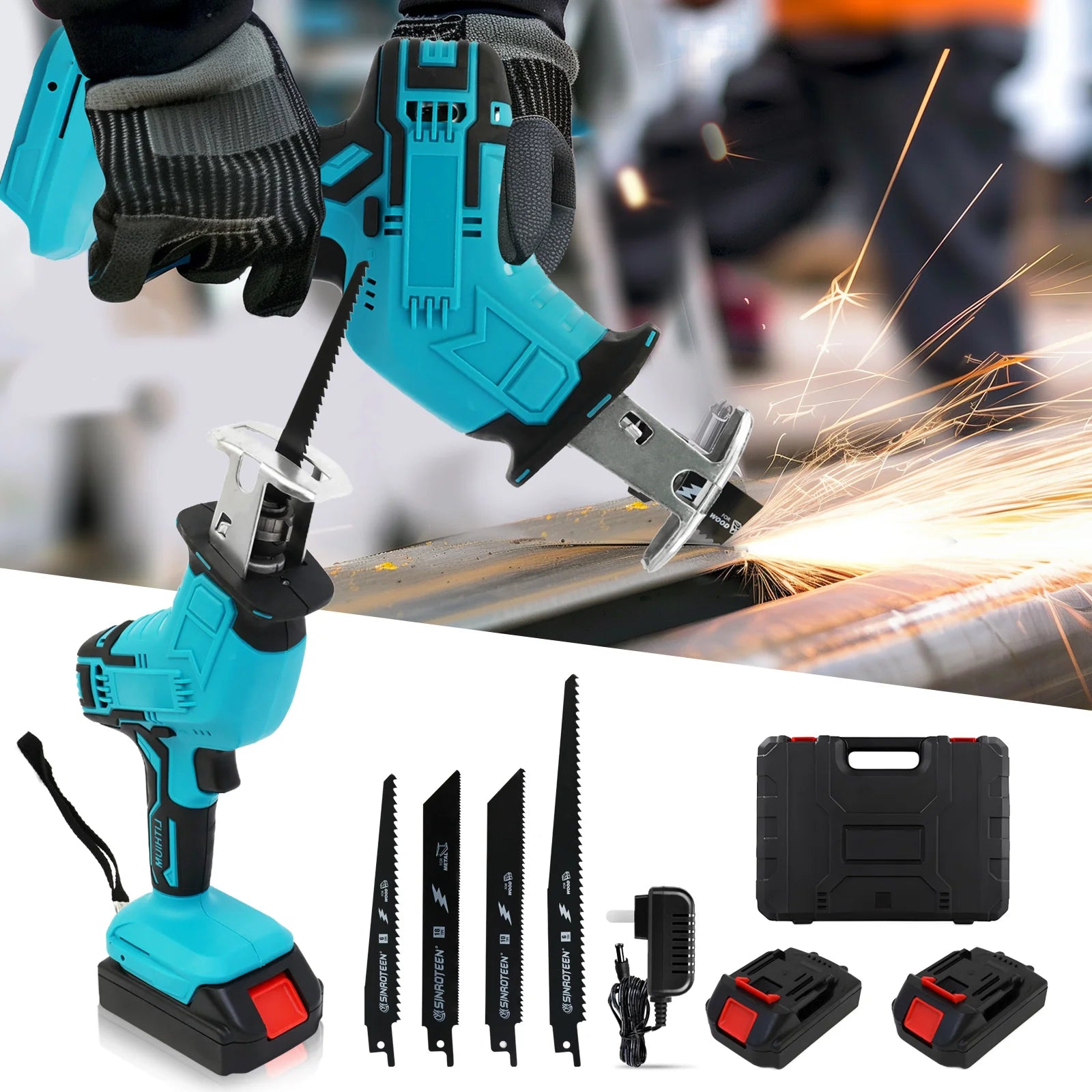 Reciprocating Saw 21V Cordless 0-4500 SPM 2 Batteries 4 Saw BladesTool
