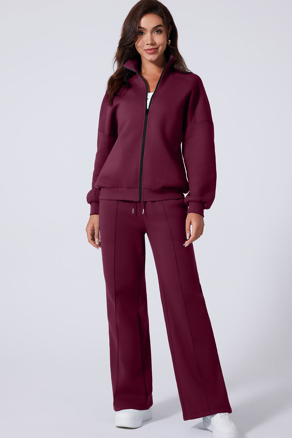 Burgundy Drop Shoulder Zip Up Jacket Drawstring Pants Active 2pcs Set